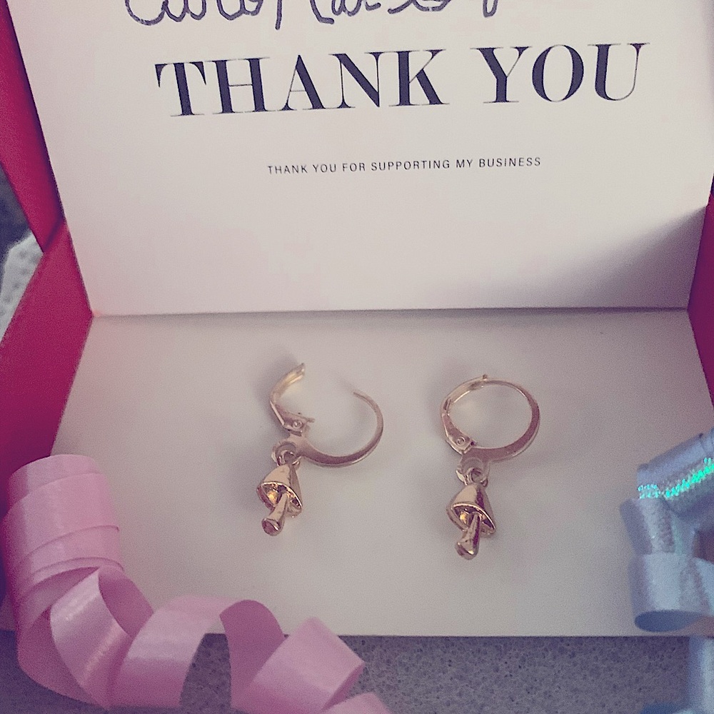 Dainty Gold Mushroom Charm Huggie Hoop Earrings Small Minimalist NEW